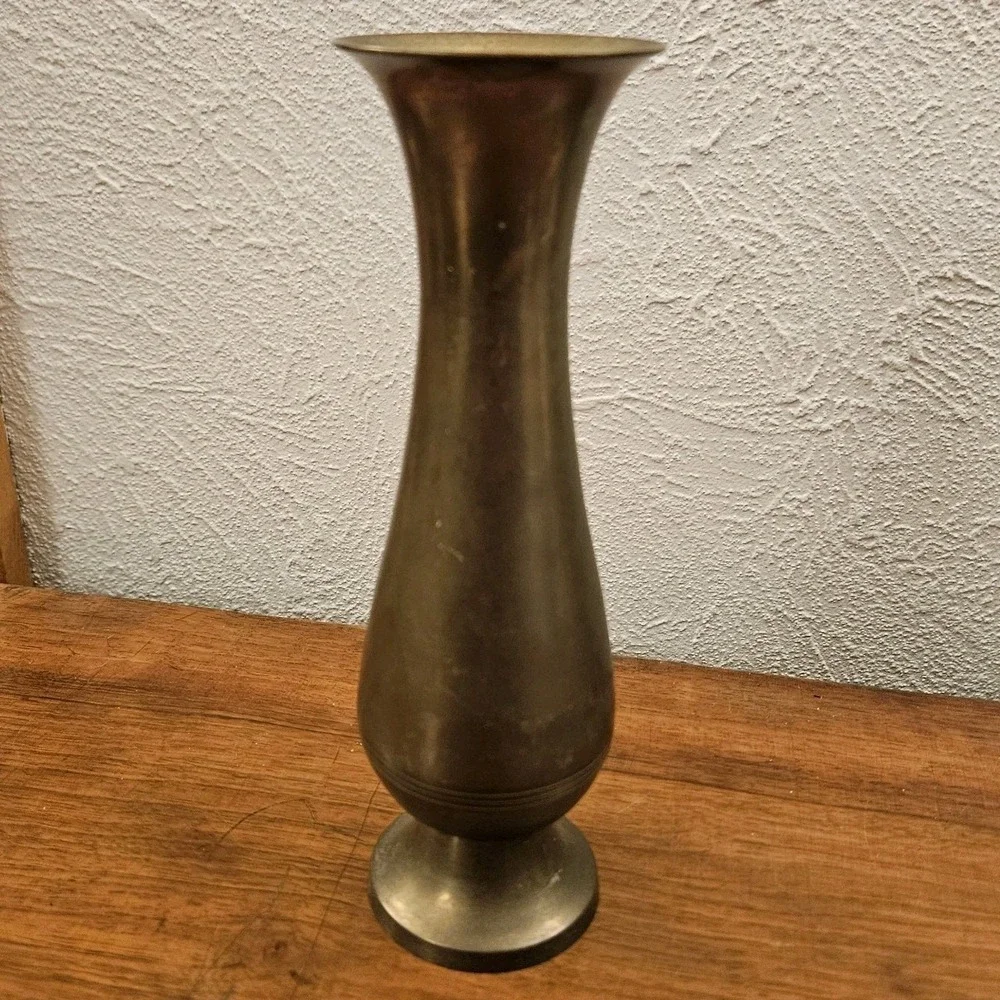 Vintage Solid Brass Bud Vase Made In India Stripes Patina READ